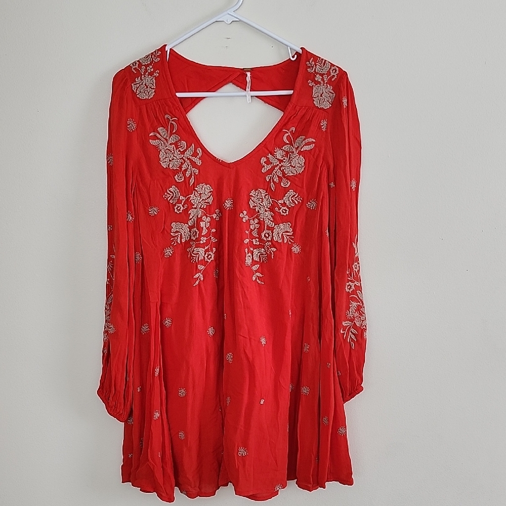 Free People Red Combo Sweet Tennessee Dress Floral Embroidered Mini Dress Boho